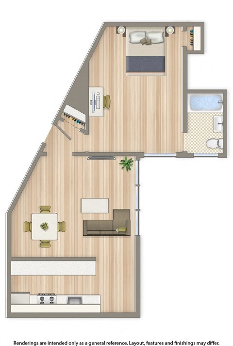 Floor plan for 1 bed, 1 bath, 571 sqft